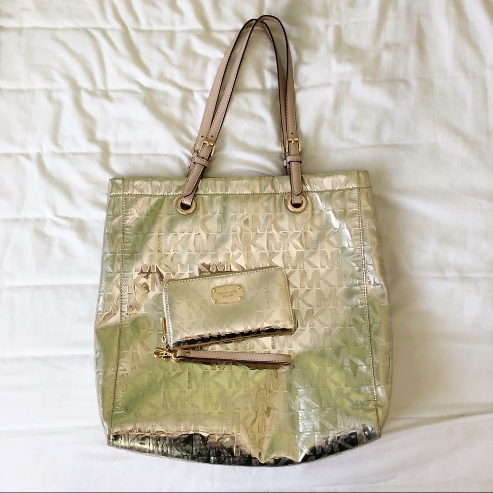 Michael Kors gold metalic tote bag and wallet set
